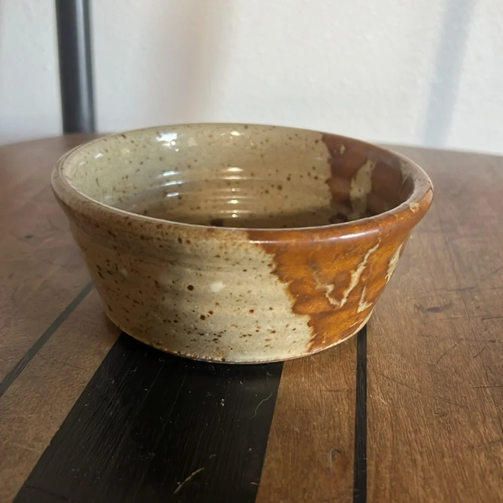 Handmade pottery bowl tan and brown glazed